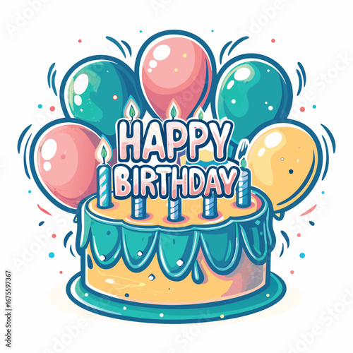 Festive birthday cake with balloons and lettering