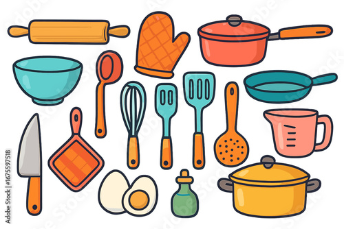 Kitchen utensils and cooking tools set. Vector cartoon icons. Kitchenware collection with pot, pan, spatula, knife, bowl, egg. Food preparation, recipe, gastronomy concept.