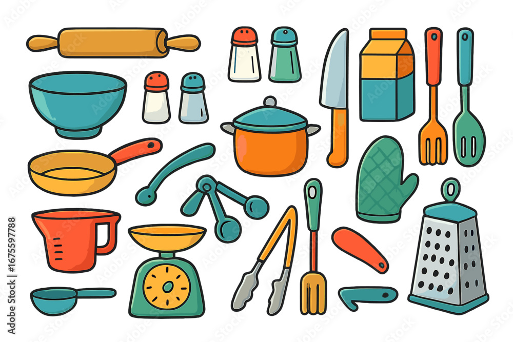 Obraz premium Set of colorful kitchen utensils for cooking and baking. Vector cartoon icons. Food preparation equipment, rolling pin, pan, pot, grater, scale, knife. Isolated flat illustration.