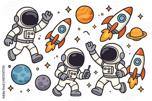 Vector cartoon astronaut sticker set with rockets and planets. Spaceman exploring the cosmos. Space adventure objects collection. Cute science fiction characters and spaceships.