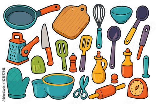 Kitchen utensils and cooking tools set. Vector cartoon illustration. Colorful equipment for food preparation: pan, grater, knife, spatula, bowl. Cookware icons collection.