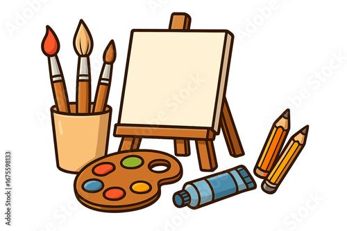 Art supplies cartoon vector. Easel, canvas, paint, brushes, palette, pencils for creativity, hobby, school. Artist tools for painting, drawing. Workshop equipment illustration.