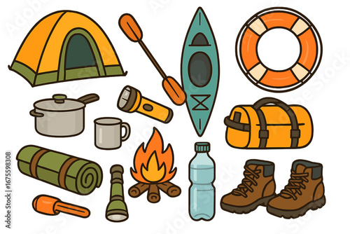 Camping gear essentials for outdoor adventure. Vector set for hiking, trekking, and survival. Kayak, tent, campfire, and hiking boots icons. Tourism and recreation elements.