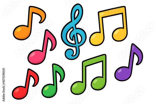 Colorful musical notes vector set. Cartoon music symbols collection. Treble clef, quaver, semiquaver icons. Melody, sound, song, and rhythm concept. Fun audio graphic element.