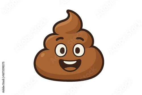 Smiling poop emoji character. Funny cute poo pile icon. Happy shit emoticon for humor and fun design. Vector illustration isolated on white background. Mascot concept.