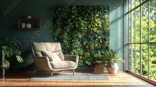 Serene Living Room with Green Wall.