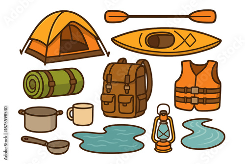 Camping gear essentials for outdoor adventure. Vector icon set with tent, kayak, backpack, sleeping bag, life vest, paddle. Tourism, hiking, and travel equipment.