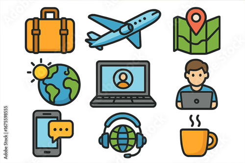 Digital nomad and remote work icon set. Vector concepts for travel, technology, and freelance lifestyle. Global business, communication, and online career symbols. Line art.