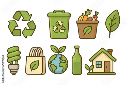 Eco-friendly icons collection. Green living, recycling, composting & sustainability principles. Vector cartoon set with earth, leaf, reusable bag, compost & eco home symbols.