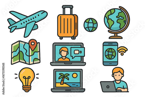Digital nomad icons set. Remote work, freelance, and travel concept. Work from anywhere. Online business and communication symbols. Vector cartoon graphic collection illustration.
