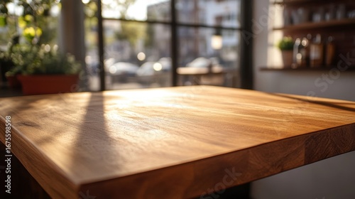 Sunlit Wooden Table in Cafe.
