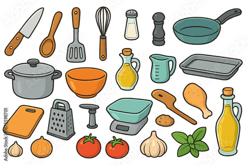 Kitchen tools and cooking ingredients set. Vector cartoon icons for food preparation. Utensils, vegetables, and cookware for recipe illustration. Isolated graphic collection.