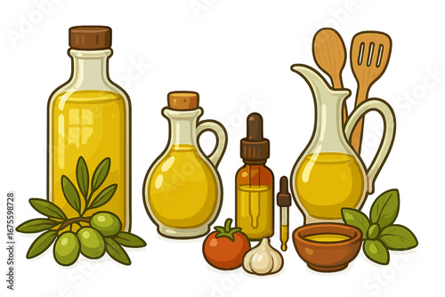 Olive oil set vector illustration. Extra virgin oil in bottle, jug, dropper. Concept for healthy cooking, mediterranean diet, cosmetic, aromatherapy. With olive, tomato, garlic, basil.