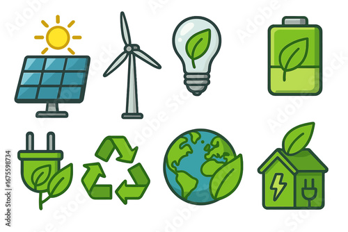 Green energy icon set. Renewable power and sustainability concept. Solar panel, wind turbine, recycle symbol, eco house, planet earth, lightbulb, battery and plug vector icons.