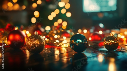 Festive Christmas Ornaments on Wood.