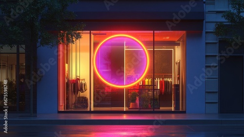 Neon Circle Boutique Window Display.