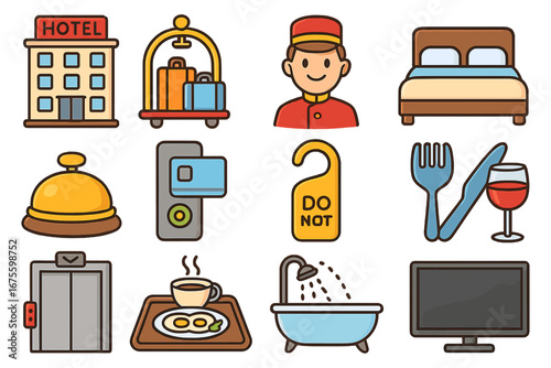 Hotel services icon set for travel and tourism. Vector collection of hospitality amenities like room service, bellboy, reception, bed, and breakfast. Flat cartoon illustration.