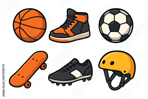 Sports equipment icon set. Vector collection of basketball, soccer ball, skateboarding gear. Cartoon illustration of game accessories: sneaker, cleat, helmet and skateboard.