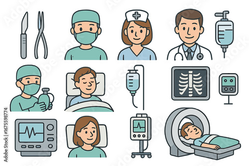 Medical icon set. Healthcare professionals, doctor, nurse, surgeon. Patient care, hospital equipment, surgery tools, mri, x-ray, ecg. Vector cartoon clip art collection.