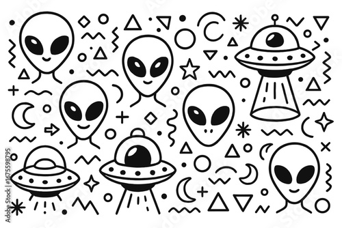 Cute alien head and UFO doodle pattern. Vector line art background. Cosmic sci-fi characters. Space invader and flying saucer icons. Funny monster face. Black and white design.