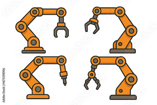 Industrial robotic arm set. Vector collection of factory automation manufacturing robots. Machine technology manipulators with various grippers, claws and tools. Engineering concept.