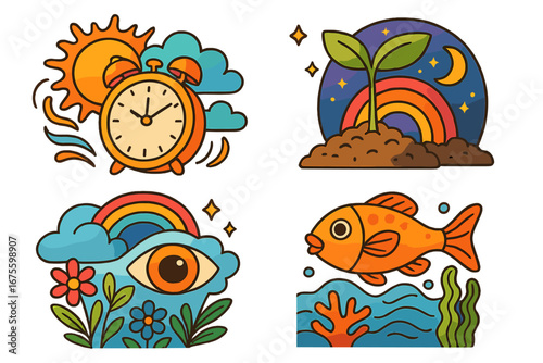 Set of colorful abstract cartoon illustrations. Vector sticker pack depicting natural and surreal elements, blending themes of time, growth, ocean life and perception. Groovy.