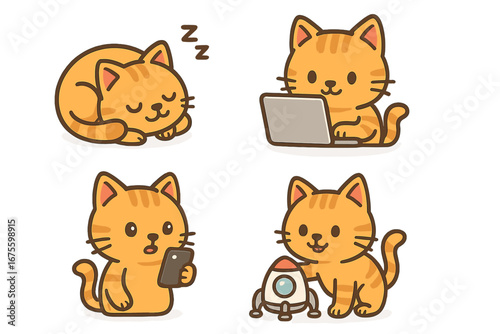 Cute cat character vector set. Collection of funny ginger kittens. Cat sleeping, working on laptop, using phone, playing with toy rocket. Cartoon pet animal illustration.
