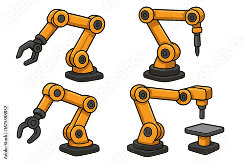 Set of industrial robotic arms for manufacturing and factory automation. Vector illustration of mechanical manipulators, machinery, and technology for assembly line production.