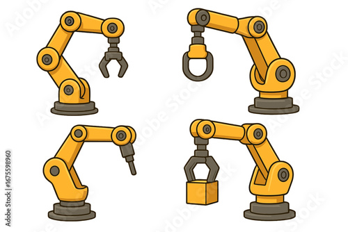 Set of industrial robotic arms. Automation technology for manufacturing. Vector illustration of mechanical manipulators with different grippers, claws, and tools for assembly line.