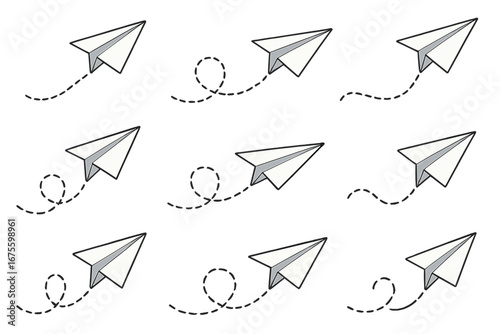Set of paper airplanes with different flight paths. Vector cartoon illustration of paper planes with dotted line routes. Concept of travel, journey, startup, message, goal.