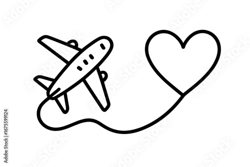 Love travel concept. Airplane with heart shape path. Line art icon for vacation, trip, journey, flight. Honeymoon travel symbol. Airline logo. Aviation passion vector design.
