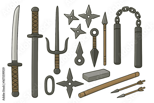 Traditional Japanese ninja weapons and tools collection. Vector cartoon set for martial arts. Shinobi gear with katana, shuriken, kunai, sai, nunchaku. Isolated icons.