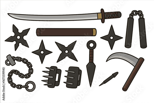 Ninja weapons vector illustration set. Japanese martial arts tools. Katana sword, shuriken star, kunai, nunchaku. Shinobi assassin gear icon collection flat design cartoon.