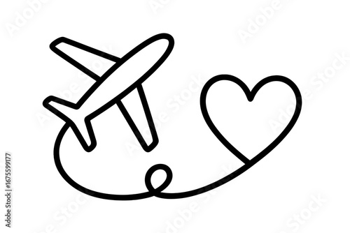 Airplane flight route with heart shape. Love travel concept icon. Continuous line art drawing of a plane path. Honeymoon trip, vacation journey symbol. Vector illustration.
