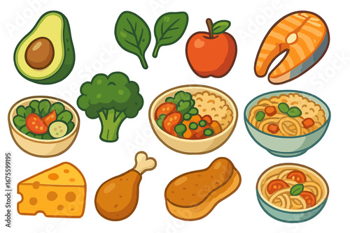 Food icon set for healthy eating and nutrition. Vector collection of cartoon meals and ingredients: fish, meat, vegetables, pasta, salad, fruit. Balanced diet concept.