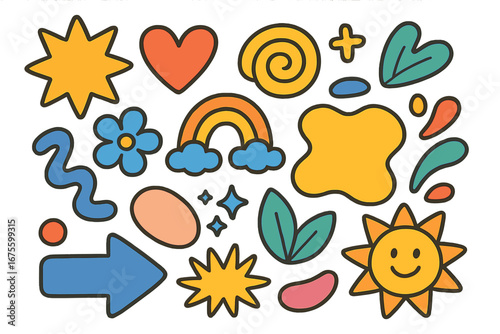 Set of cute groovy retro shapes. Funky 70s sticker pack. Abstract cartoon doodle elements. Vector collection with rainbow, flower, heart, and smile. Hippie positive vibe icons.