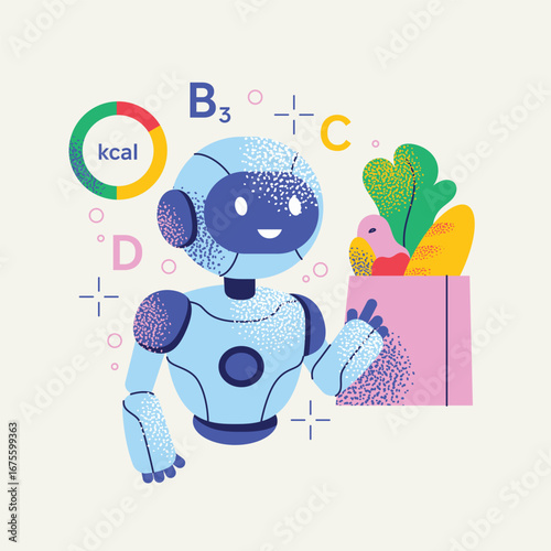AI Robot Assistant for Healthy Nutrition and Diet Planning. Artificial Intelligence agent for Food Recommendations, Dietary Programs, and Smart Shopping. Vector Illustration