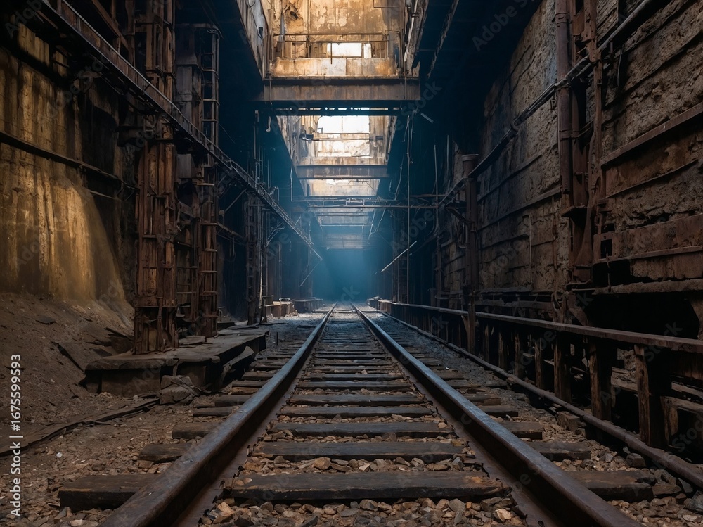 Naklejka premium Abandoned Industrial Mine Shaft With Rusted Railway Tracks