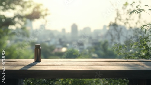 Tranquil Cityscape View Bottle on Wooden Table.