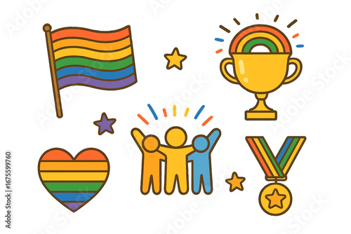 LGBTQ pride celebration vector icon set. Rainbow flag, heart, trophy and medal. Gay pride month symbols. Diversity, inclusivity and community achievement cartoon illustration.