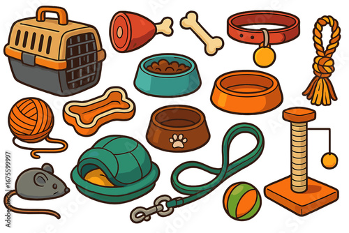 Pet shop accessories collection for dog and cat. Animal care equipment set. Pet food, toys, collar, leash, carrier, bed. Vector cartoon illustration icons isolated on white.