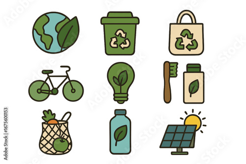 Eco-friendly icons set for sustainable living and zero waste lifestyle. Vector graphics for green energy, recycling, and conscious consumption. Earth day conservation concept.