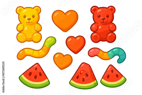 Gummy candy set. Colorful vector cartoon illustration of fruit jelly sweets. Includes gummy bear, worm, heart, and watermelon slice. Isolated sweet snacks for kids design.