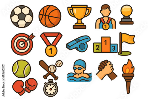 Sports icon set. Collection of colorful cartoon symbols for competition, games and championship. Vector illustration of medal, trophy, podium, ball, torch and equipment.