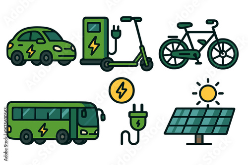 Electric transport icon set. Green mobility concept. Eco-friendly vehicles like car, bus, scooter. Charging station and solar panel for sustainable urban travel. Vector cartoon.