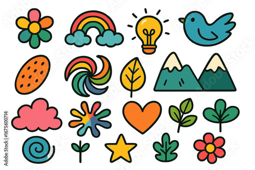 Big set of colorful cartoon doodle stickers. Cute hand-drawn groovy vector elements pack. Nature and abstract shapes like flower, rainbow, idea lightbulb, bird, mountain, heart.