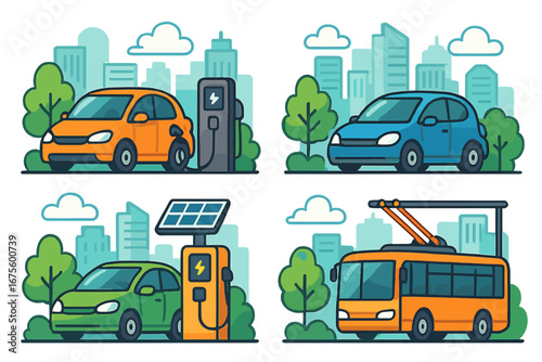 Electric vehicle charging station icon set. EV car at charger with solar panel. Sustainable green energy transport and e-mobility concept. Urban public transport trolleybus vector.