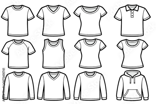 Vector t-shirt template collection. Outlined apparel set with various styles. Includes polo, hoodie, tank top, v-neck and long sleeve shirts for men and women. Fashion mockup.