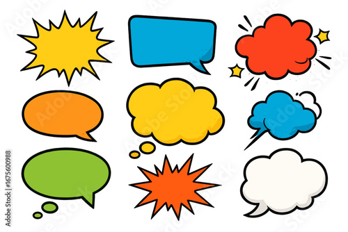 Colorful comic speech bubbles set. Pop art style blank text box. Cartoon vector illustration for dialog, message, thought. Empty quote bubble, explosion graphic elements.