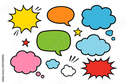 Set of colorful comic speech bubbles. Pop art style dialogue and thought balloons. Vector cartoon illustration. Bang, boom graphic design elements for storytelling and projects.